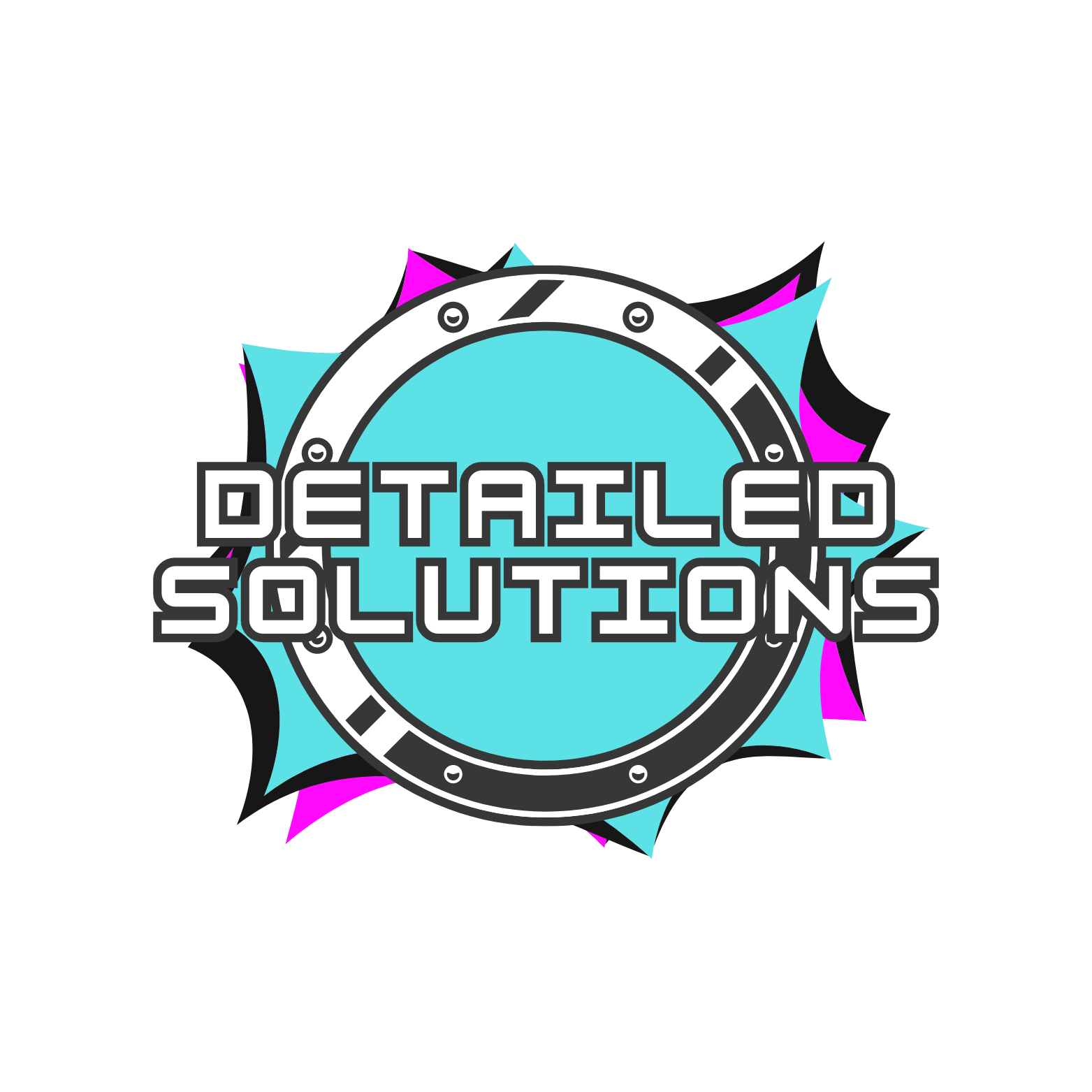 Logo for Detailed Solutions, text in white block letters within a teal and silver circle against a comic book-style burst.