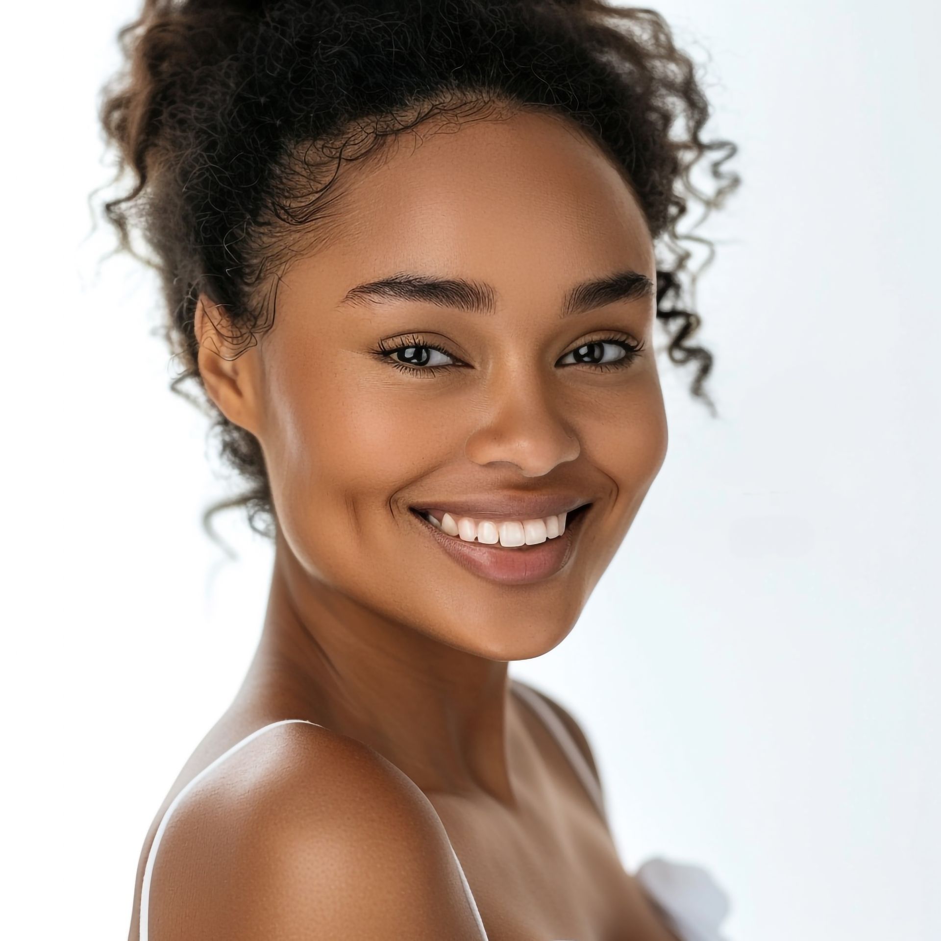 A woman with curly hair is wearing a black crop top and khaki pants.
