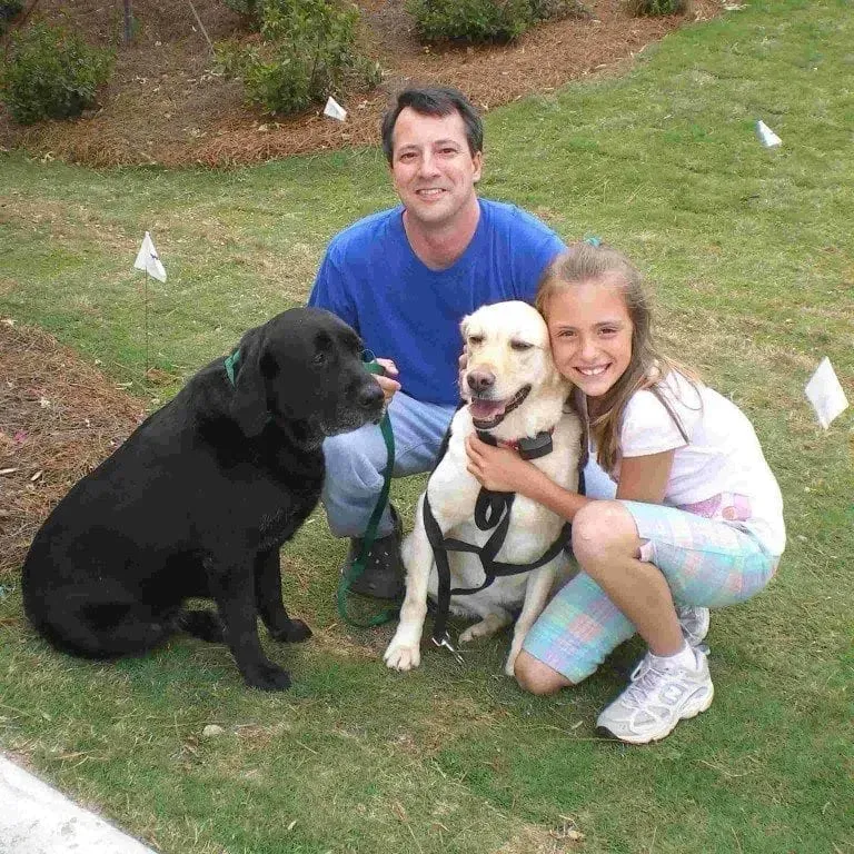 Man and girl with two dogs on grass; one black, one yellow.