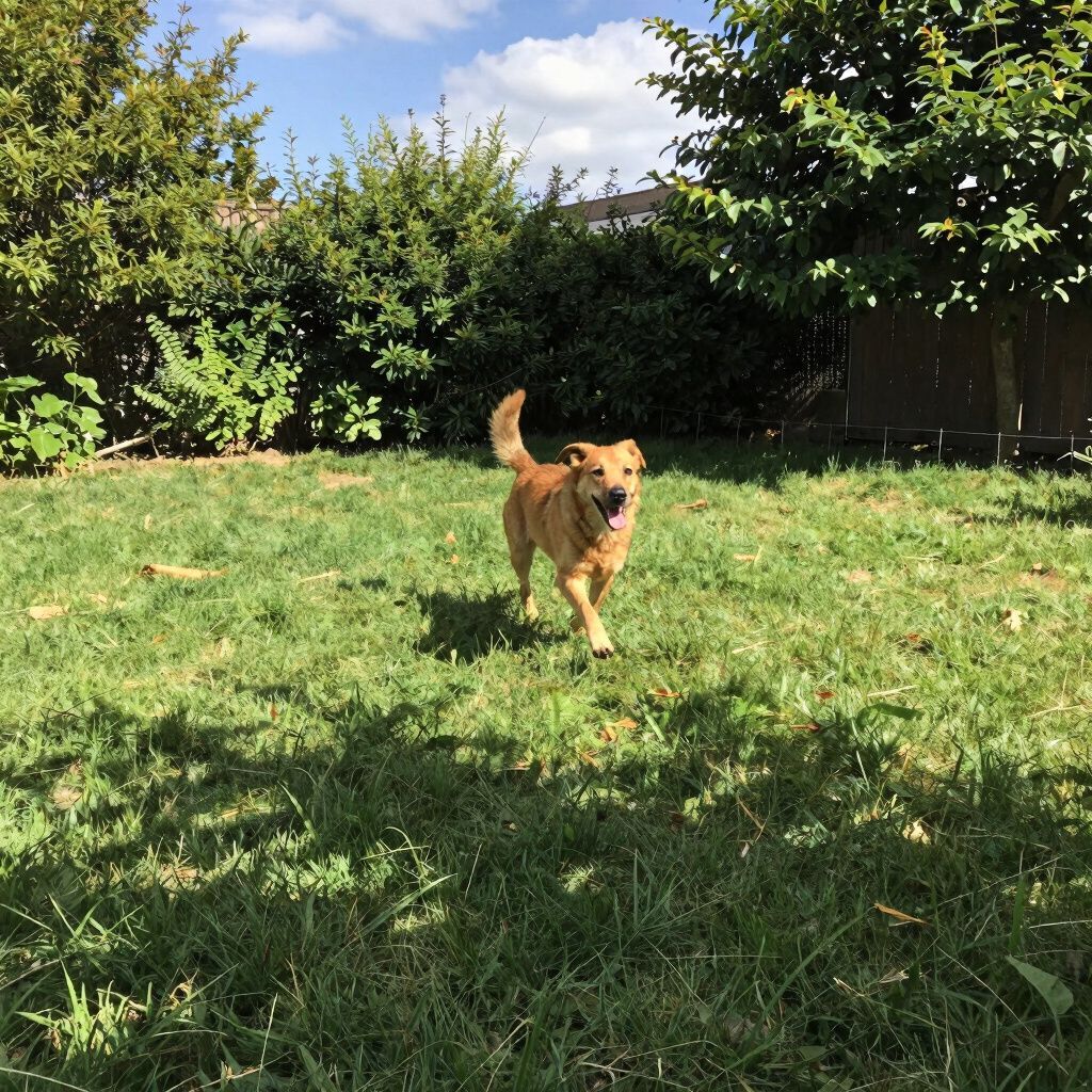 Dog running on grass in a sunny backyard, tail wagging, with trees and bushes in the background.