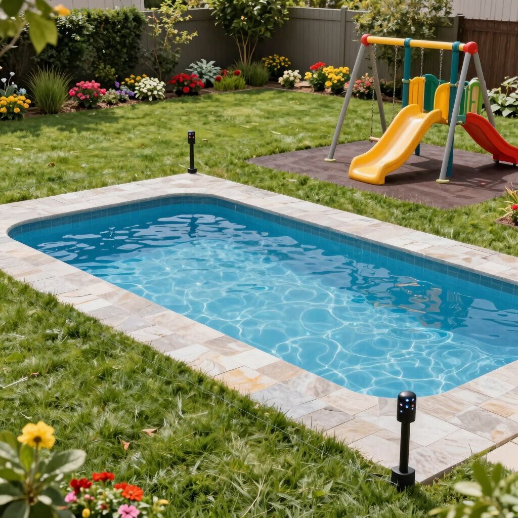 Rectangular in-ground pool surrounded by stone, with a grassy yard and a swing set in the background.