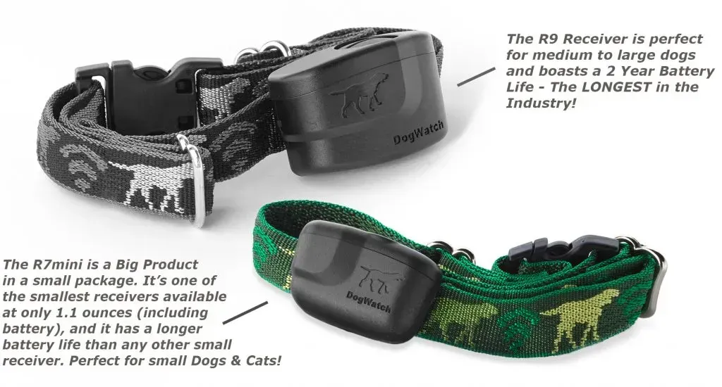 Two dog collars with black tracking devices: one black, one green. Text highlights battery life.