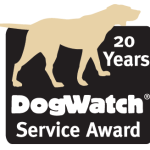 DogWatch Service Award, 20 years. Tan dog silhouette over black square.
