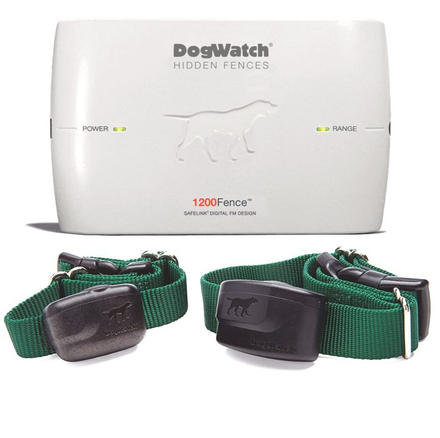 DogWatch hidden fence system: white control unit with two green collars and receivers.
