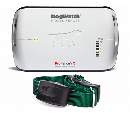 DogWatch Hidden Fences system with a receiver box, green collar, and dog silhouette.