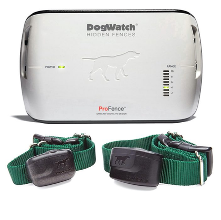 DogWatch Hidden Fence system. Includes a white control unit and two green collars.
