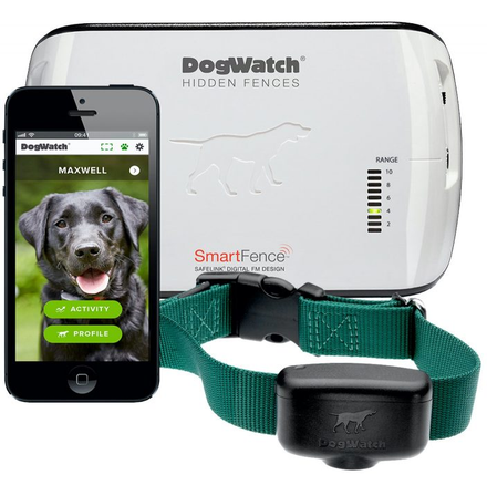 DogWatch SmartFence system: white base unit, smartphone showing dog, green collar with transmitter.