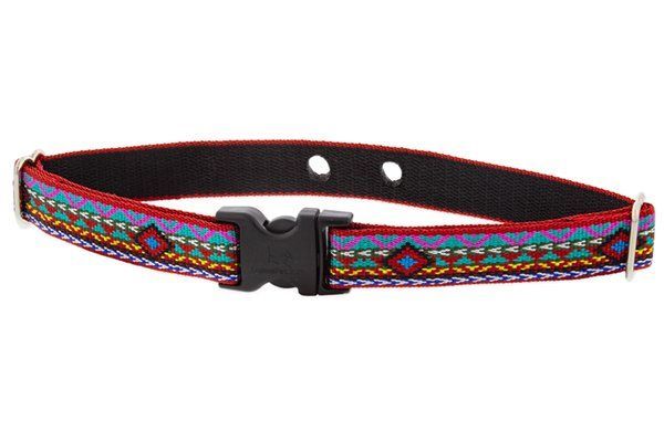 Dog collar with purple, red, and turquoise pattern, black buckle, and two holes.