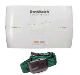 White DogWatch fence transmitter with two green collars.