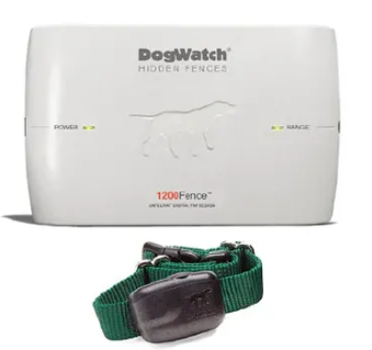 DogWatch hidden fence system: control box and two dog collars with green straps.