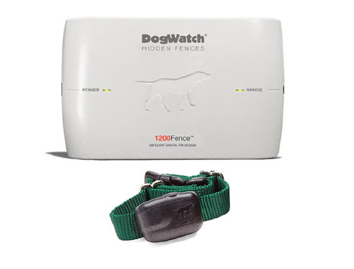 White DogWatch Hidden Fences base unit with a dog collar and receiver.