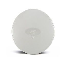 White circular electronic device with a dog logo.