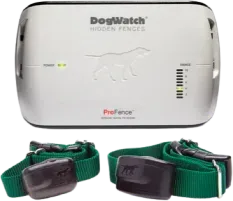 DogWatch hidden fence system: Transmitter and two collars on green straps, white and dark colors.