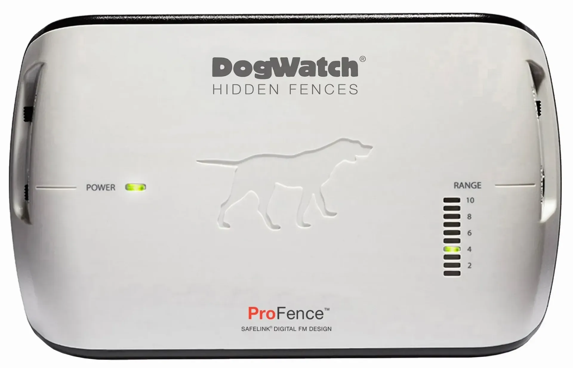 DogWatch ProFence base station, silver with dog logo. Green power and signal lights are lit.
