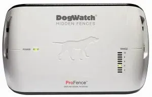 DogWatch ProFence hidden fence transmitter, white with green power and range lights.
