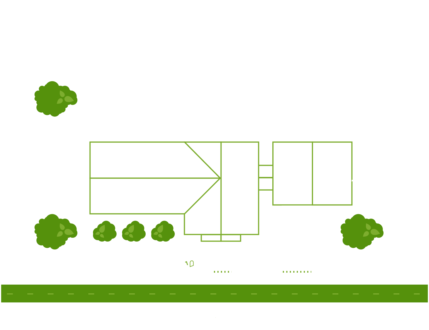 Overhead view of a house with a garage, surrounded by trees and a road.