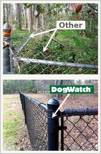 Top: Damaged chain-link fence. Bottom: DogWatch brand black chain-link fence.