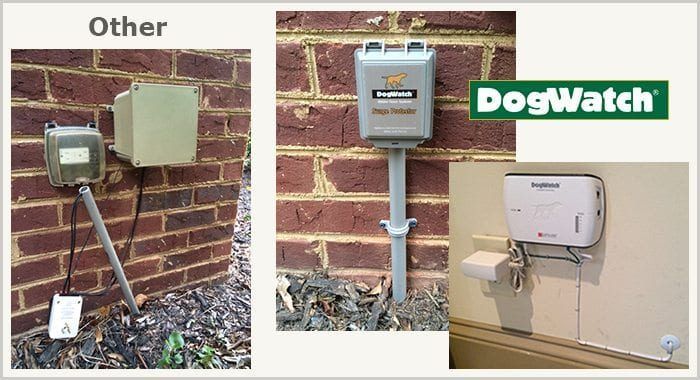 DogWatch brand pet containment systems: boxes on brick walls, white dispenser on wall.