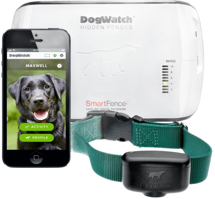 DogWatch SmartFence system: white base unit, green collar, smartphone with dog photo, black collar receiver.