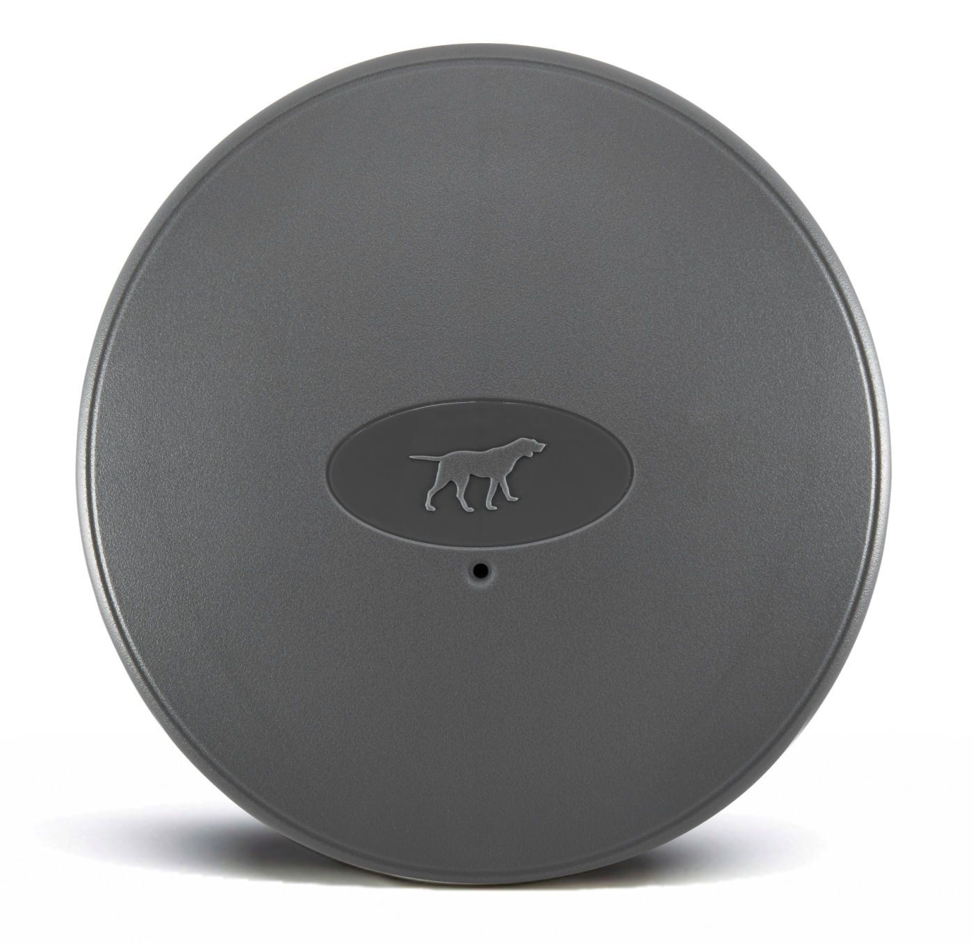 Gray circular dog fence transmitter with a dog logo.