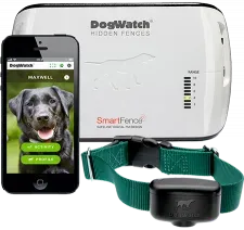 DogWatch SmartFence system: white base unit, green collar with black receiver, phone with app, and a dog's photo.