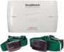 White dog fence transmitter box with two green collars.