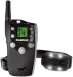 Black dog training remote with collar. Remote has a digital display and antenna. The collar has white lights.