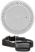 White circular indoor pet fence receiver and a black collar with a receiver.