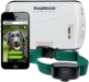 Dog collar with receiver, smartphone displaying dog, and base station, all white and green.