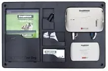 Black tray holding literature, two white electronic devices, and business card slots.