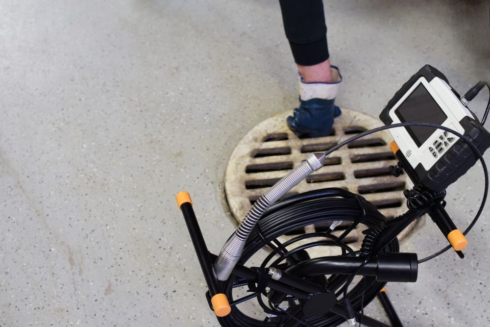 Person's foot on a sewer grate with a drain inspection camera. Grey concrete floor, black/orange camera reel.