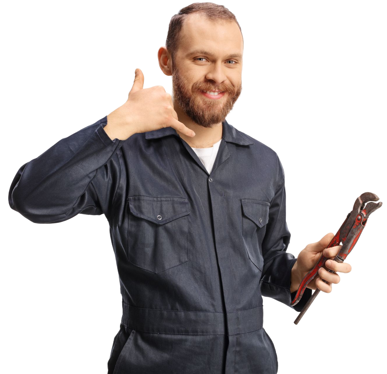 Man in blue overalls holding a wrench, making a phone call gesture, smiling.