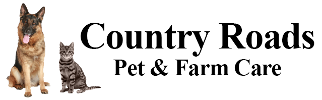 The logo for country roads pet and farm care shows a dog and a cat.
