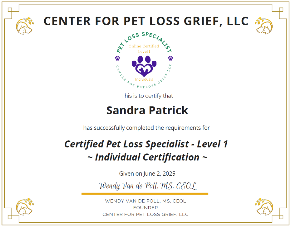 A certificate that says center for pet loss grief , llc certified pet loss specialist - level 1 - individual certification.
