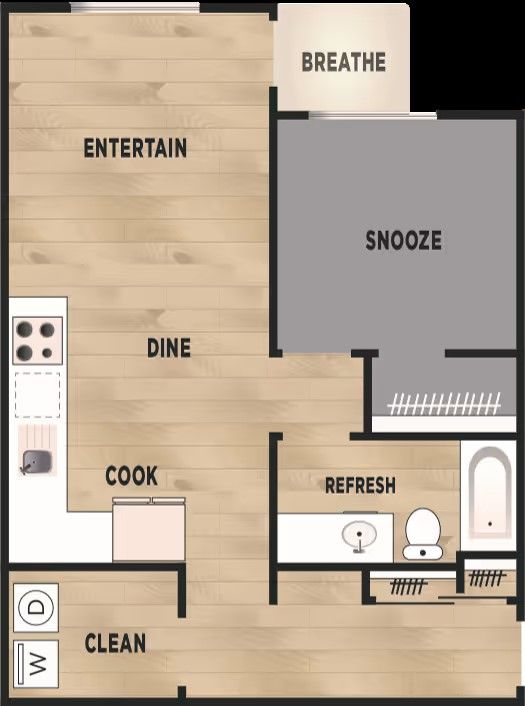 Floor plan of a one-bedroom apartment with kitchen, living area, bathroom, and laundry room labeled with creative titles.