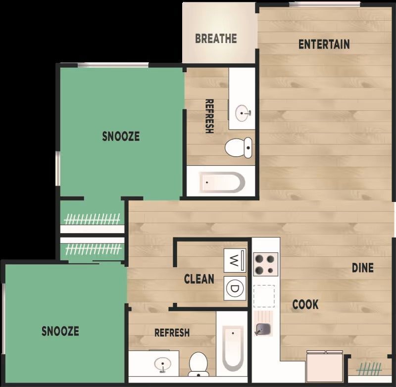 A 2D floor plan for a two-bedroom apartment with an open living area, kitchen, dining space, and two bathrooms.