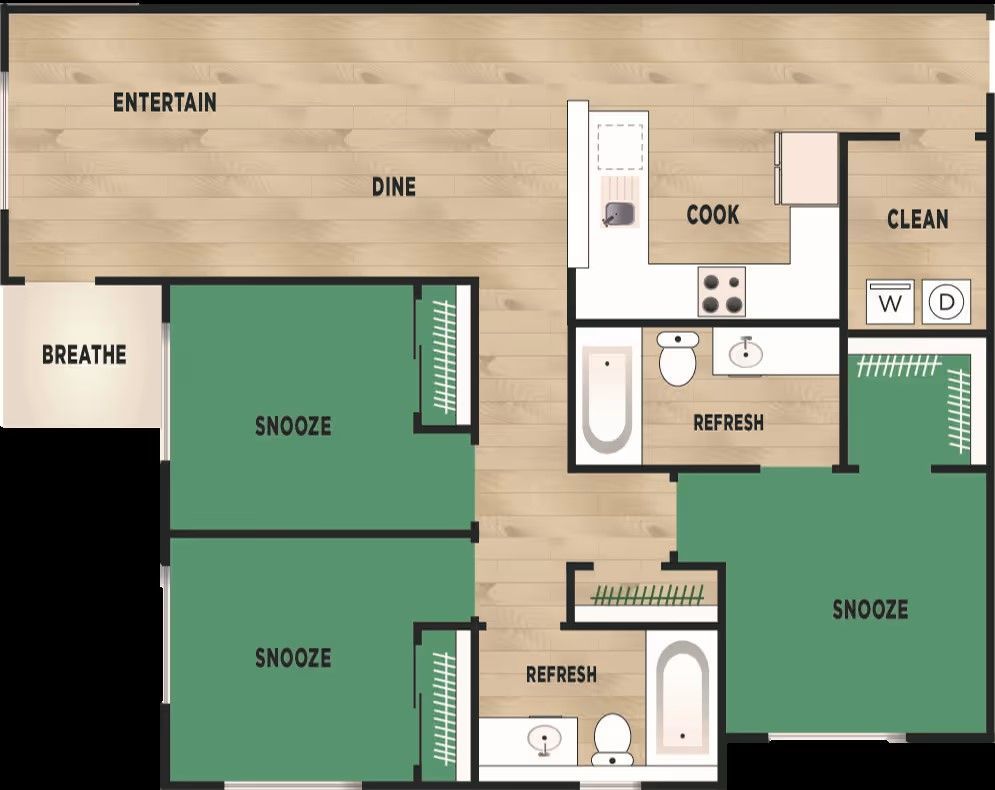 Floor plan of a two-bedroom apartment featuring an open living area, kitchen, utility room, and two bathrooms.