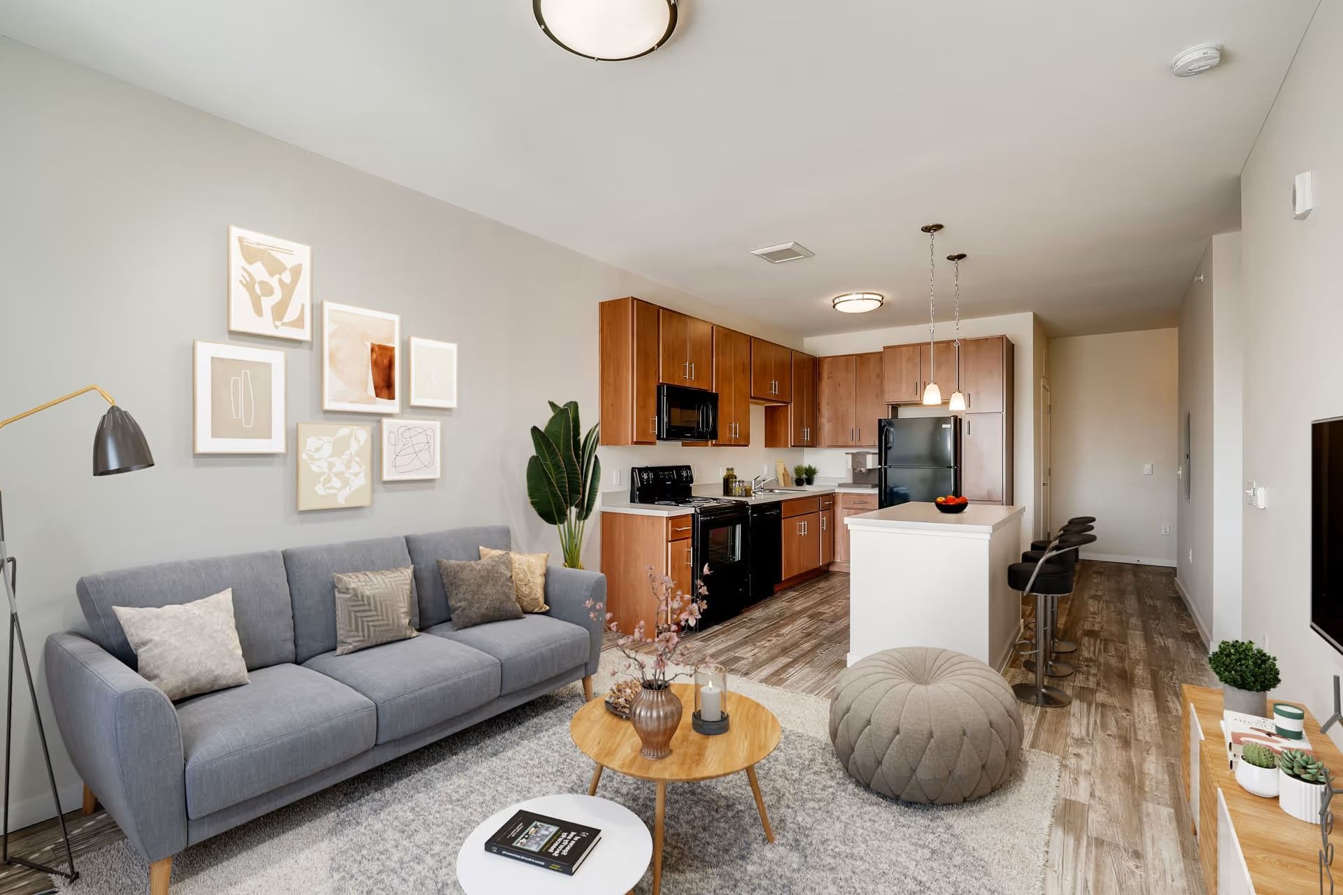 A modern living room with a gray sofa, gallery wall, and an open-concept kitchen with wooden cabinets and a center island.