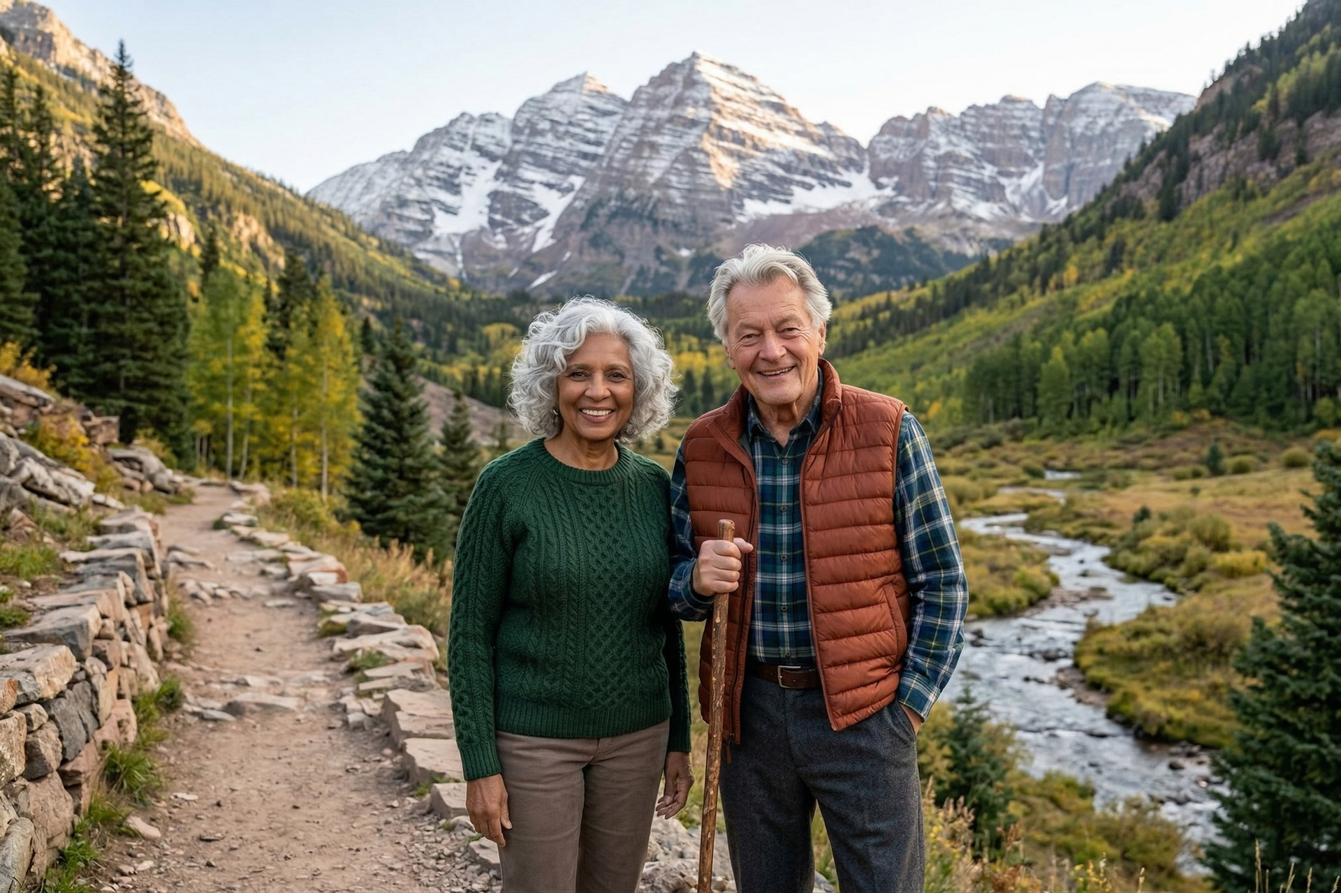 Two people stand on a mountain trail with a stream and snow-capped peaks in the background.