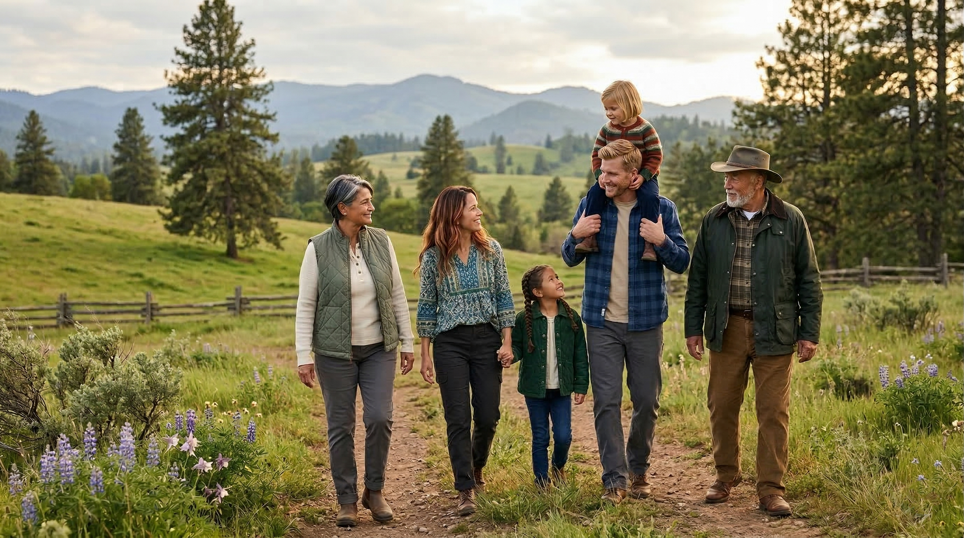 A multigenerational family walks together on a dirt path through a grassy mountain meadow at sunset.