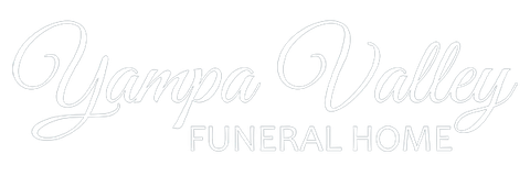 White logo for Yampa Valley Funeral Home with cursive script text above the capitalized sans-serif word FUNERAL HOME.
