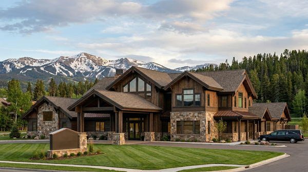 A large, multi-story lodge with wood and stone siding set against a backdrop of snow-capped mountains under a cloudy sky.