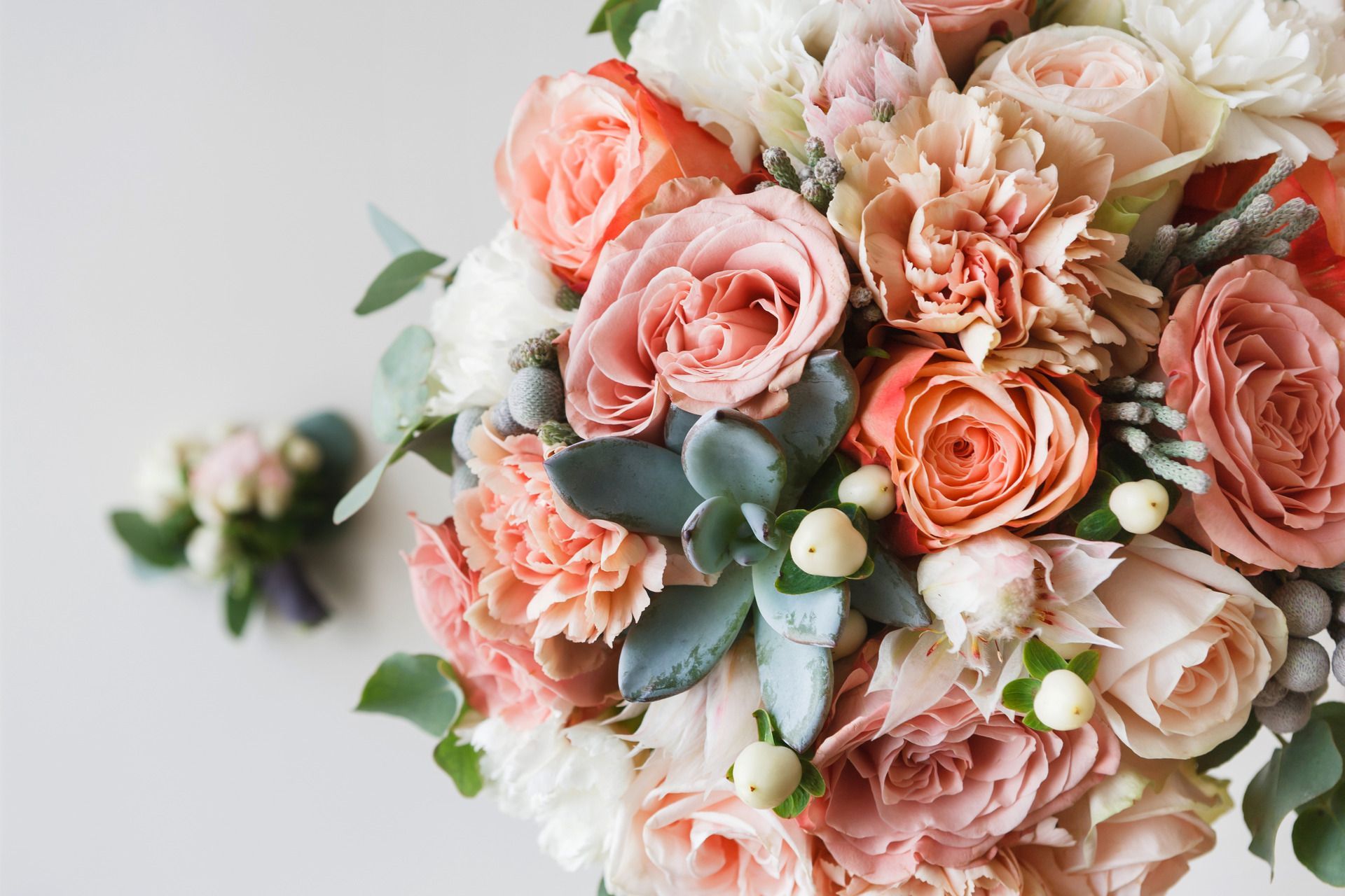 A bouquet of peach, blush, and white roses, carnations, and succulents with a matching boutonniere on a white background.