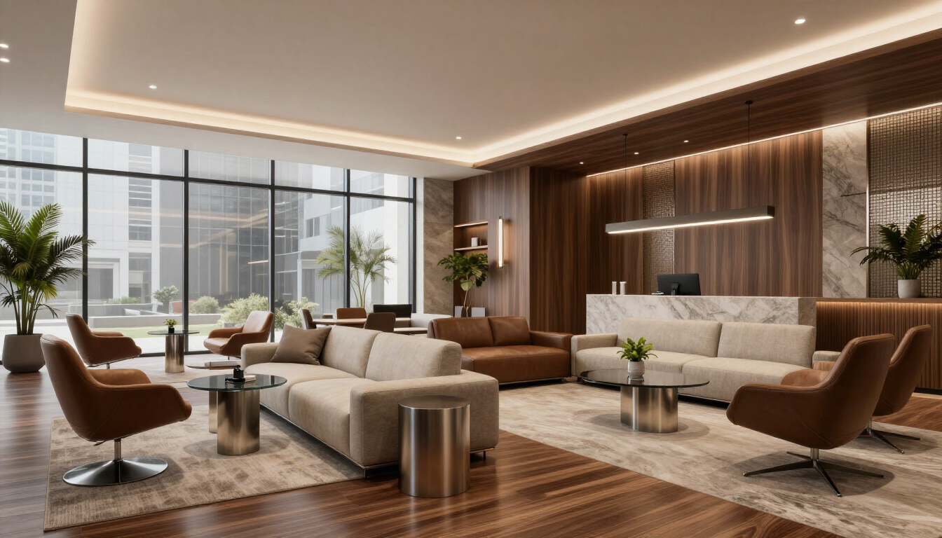Realistische 3D visualisatie van een modern kantoorgebouw