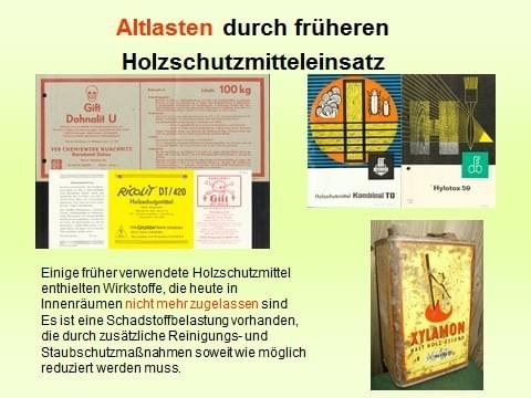 Diverse, alte Etiketten von Holzschutzmitteln und ein Behälter deuten auf frühere Umweltgefahren hin.