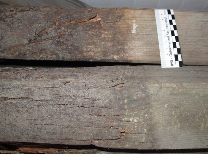 Zwei verwitterte Holzplanken mit einem Lineal; die obere Planke hat eine dunklere, rauere Oberfläche.