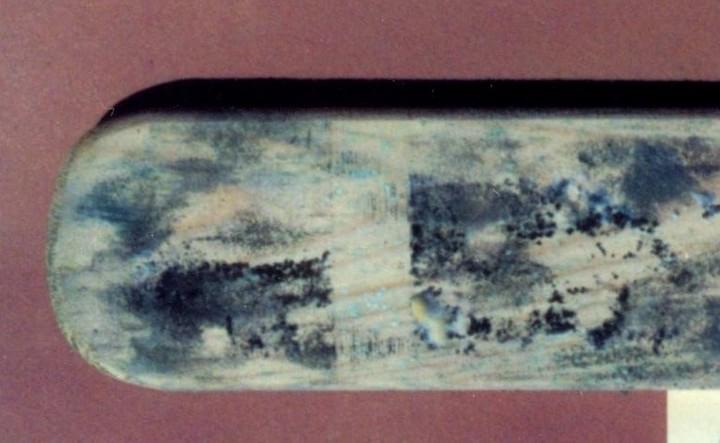 Nahaufnahme eines Holzbretts mit abgerundeter Kante, das blaue und schwarze Verfärbungen aufweist.