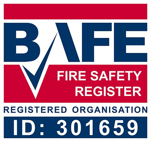 BAFE Fire Safety Register logo with checkmark and ID: 301659. Red, white, and blue colors.