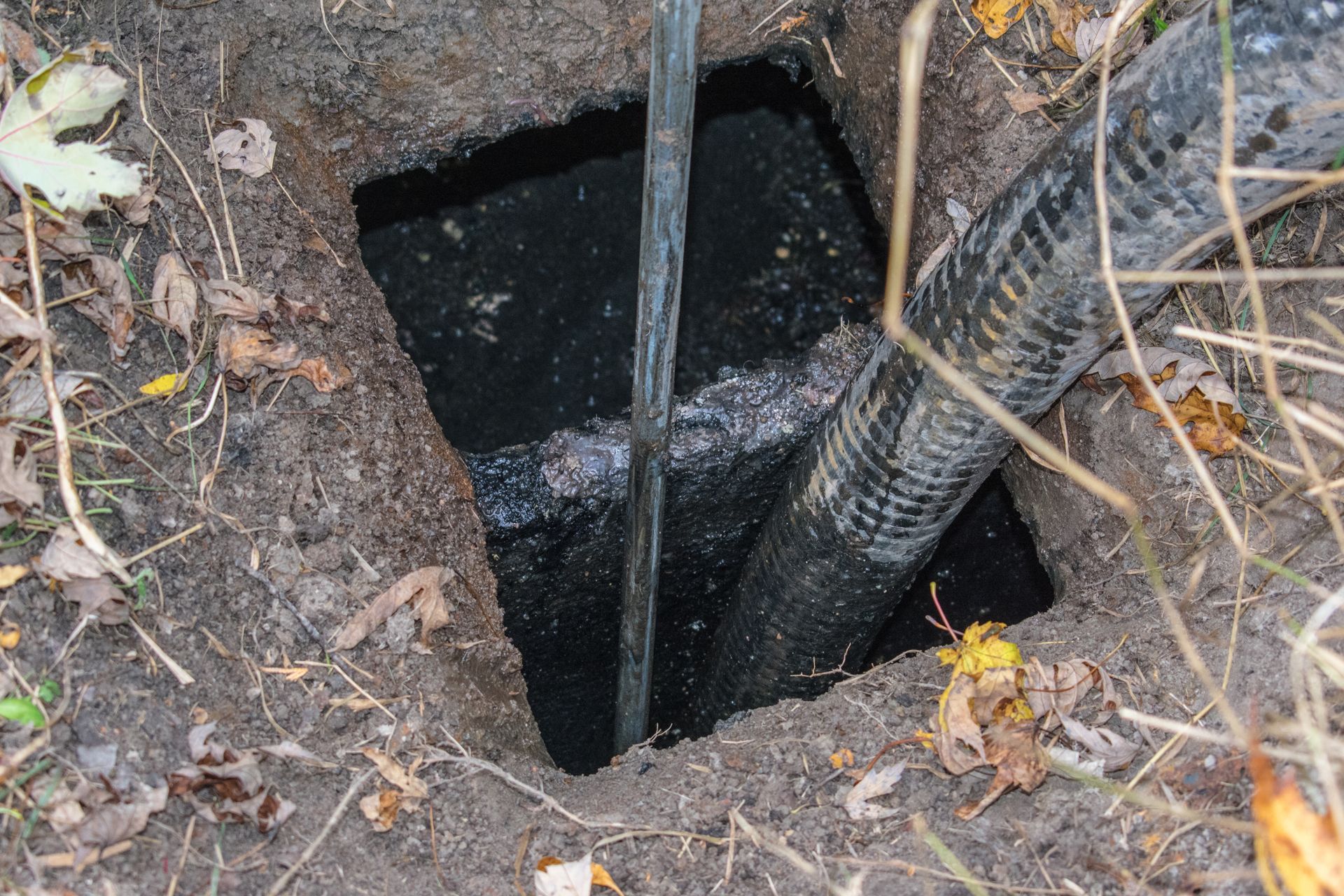 Open utility hole in dirt with a vertical pipe and exposed black cable.