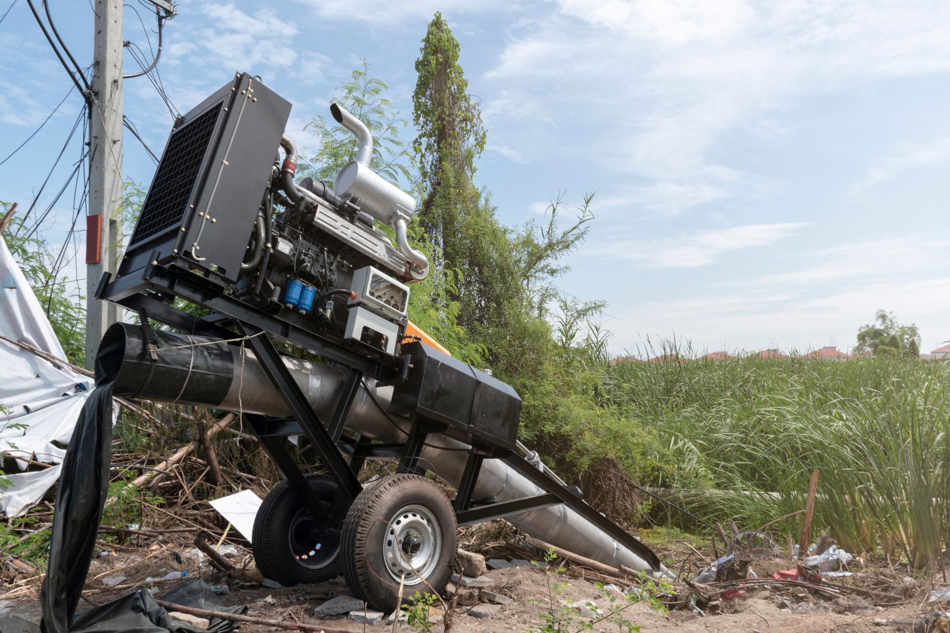 Large black agricultural machine on a trailer by a rural roadside under a blue sky.